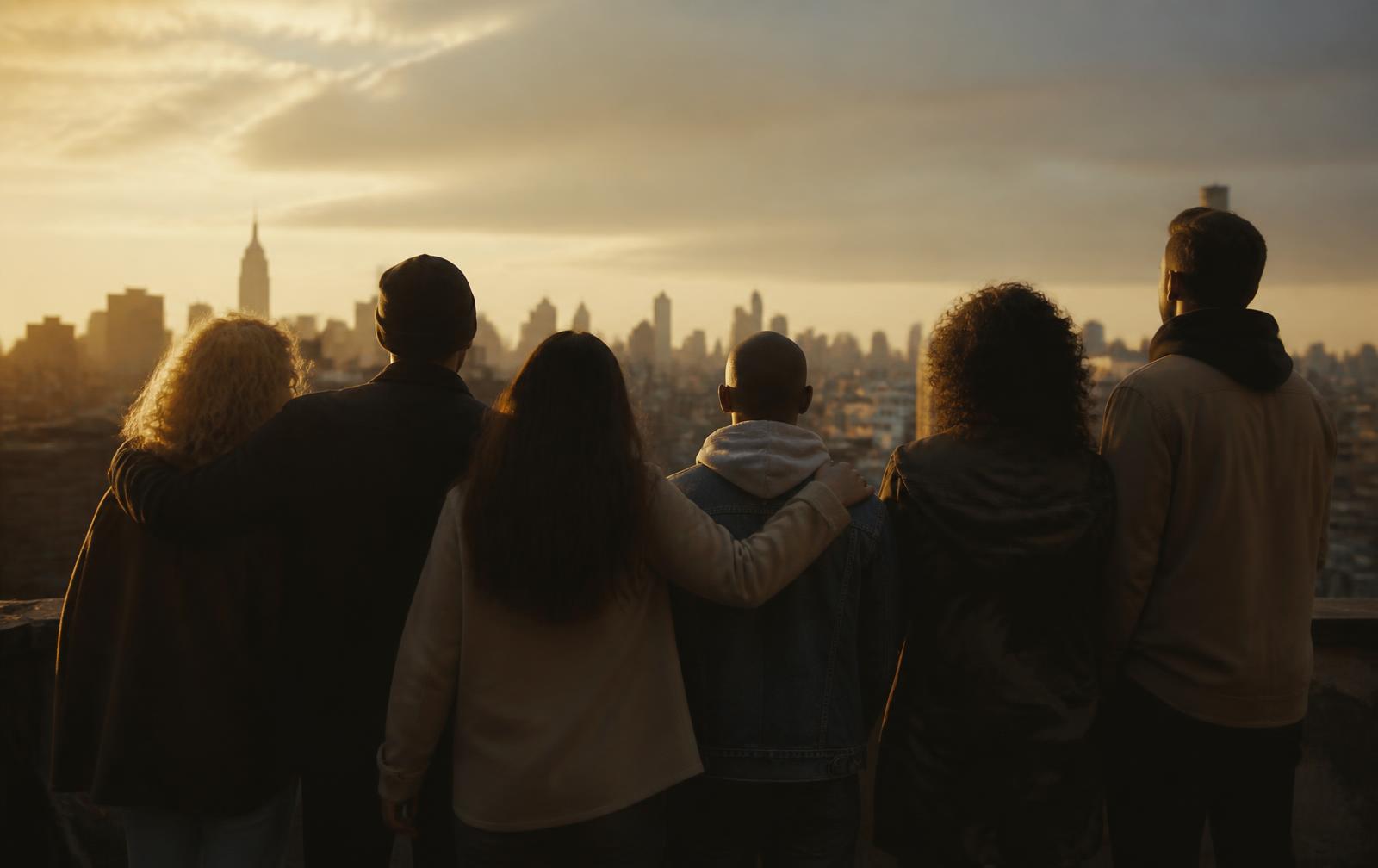 A group of people together at sunset looking toward a city skyline